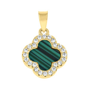925 Sterling Silver Yellow-Tone CZ Green Enameled Clover Good Luck Pendant
